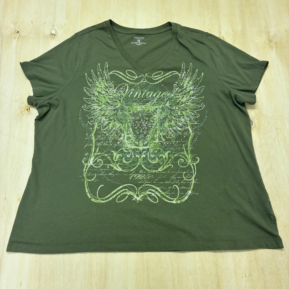 Sonoma Lifestyle Y2K Shirt Womens 2X Green Winged Heart Rhinestone V-Neck Tee